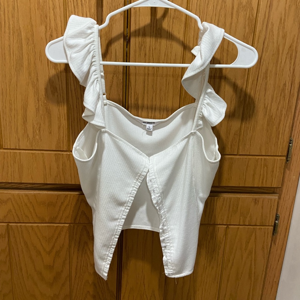 BB Dakota white corset top with ruffle sleeves
